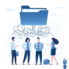 Business people think and talking about data organization. Corporate document management, storing shared files, protecting business files.