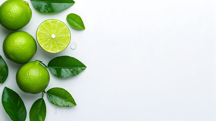 Fresh green limes with droplets and leaves on white background in soft anime-inspired visual style
