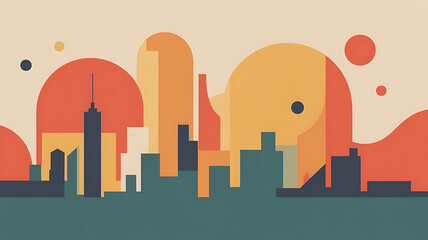 Abstract cityscape, vibrant colors, modern city skyline.
