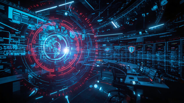Futuristic 3D cybersecurity control room with AI-powered defenses, holographic interfaces, data streams, server racks, anomaly detection, and dynamic lighting in a professional high-tech environment.