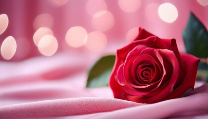 red rose resting on soft pink fabric against a blurred background
