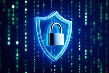 Digital security shield with padlock and binary code background