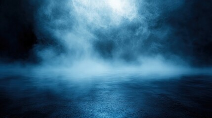 A mysterious, atmospheric scene featuring blue mist over a reflective surface, creating an ethereal and tranquil ambiance.