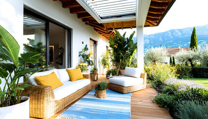 Country house terrace with mountain views, decorated with wicker furniture, yellow cushions, and tropical plants. A relaxing space.