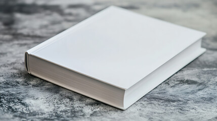 Fototapeta premium A closed white book resting on a gray textured surface with a slightly blurred background in soft lighting