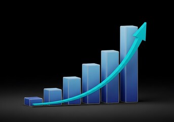 A 3d illustration of a blue bar graph showing upward growth and progress with a curved arrow indicating a positive trend against a dark background