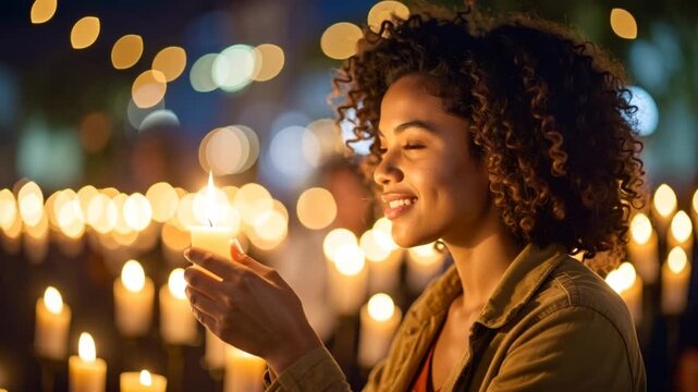 Woman holding candle night gathering