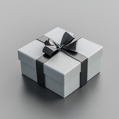 Elegant, gray gift box with a black ribbon bow.