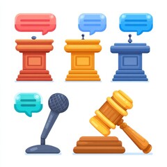 Podium speeches, microphone, gavel in court. Cartoon style. Debate concept