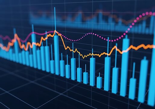 Financial market analysis with rising and falling trends shown on a digital graph with blue bars and orange and red lines on a dark background