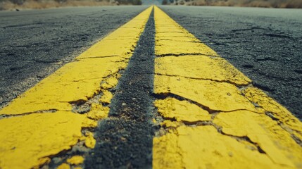 Close-up view of a yellow road marking on asphalt.