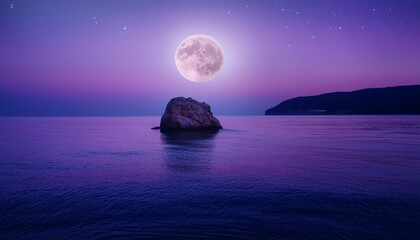solitary rock in moonlight purple hues and calm sea