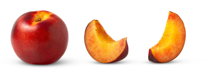 Red organic nectarine peach and slice isolated. Nectarine and two slices collection.