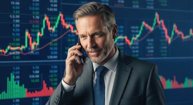 A man in a suit talking on a cell phone in front of a stock market display.