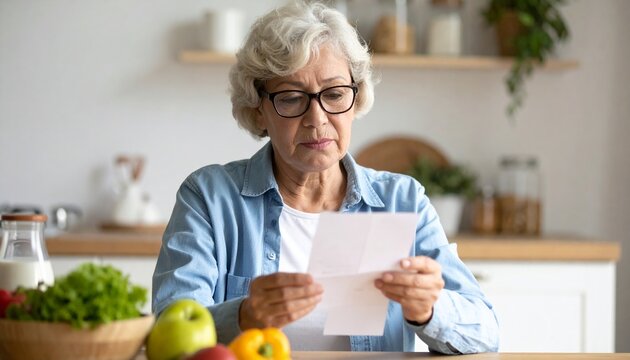 Realistic HD close-up photograph of a disappointed senior customer checking a grocery receipt, sitting at a kitchen table, wearing casual clothing, showing a concerned expression, vivid colors, neutra - Powered by Adobe