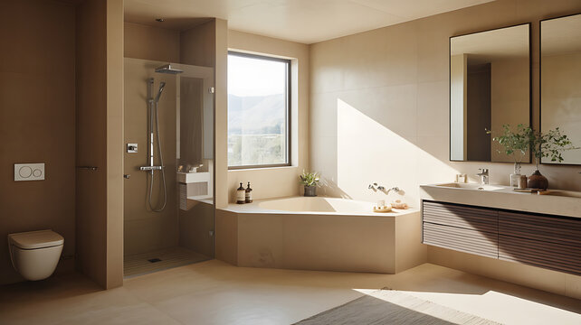 Modern beige bathroom with corner tub and shower.

