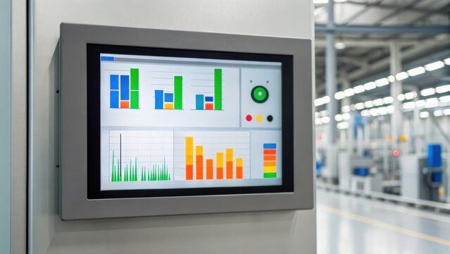 Control panel displaying graphs and data in a modern industrial setting, showcasing efficiency and monitoring technology.