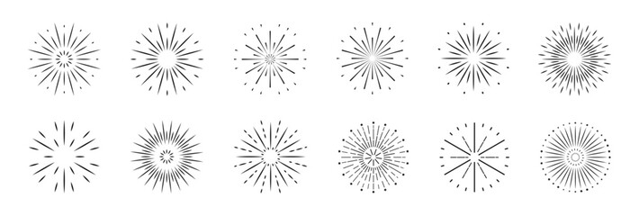 Set of black Firework icons. Firecracker with stars and sparks isolated on white background. Simple Round sunburst, radial frame. Flat style. Vector design for New year, birthday decoration.