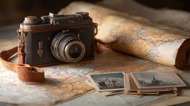 Retro Camera with Rolled Travel Maps and Black-and-White Postcards