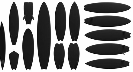 Collection of sleek black surfboards in various shapes and angles on white background