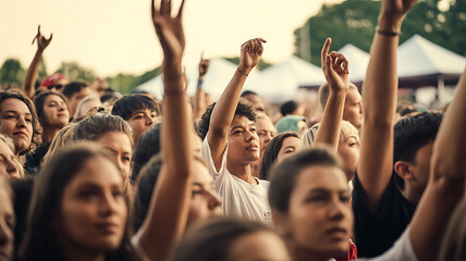 Fototapeta premium Crowd raises hands, energized by a concert. 