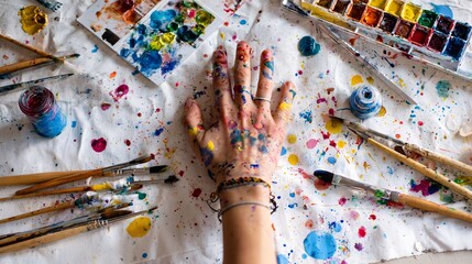 Fototapeta premium Painted Hand Among Watercolor Tools and Colors