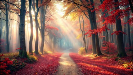Fototapeta premium Sunlit Path Through a Misty Autumn Forest with Vibrant Red and Gold Foliage