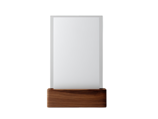 A blank, vertical, white display stand with a wooden base