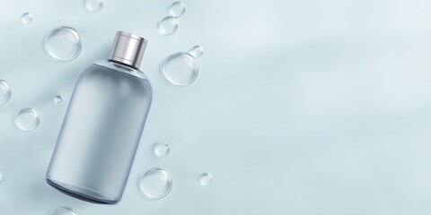 Clear glass bottle with silver cap is placed on a soft blue background, surrounded by water droplets, creating a fresh and clean aesthetic for product display or branding