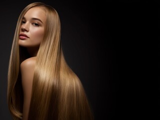 Beautiful model with long blonde hair showcasing the sleek lines and shine with copy space for Hair dye products