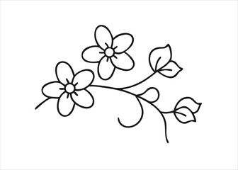 A delicate floral branch design featuring three distinct blossoms and elegant leaves presented as a singular decorative element isolated on white background