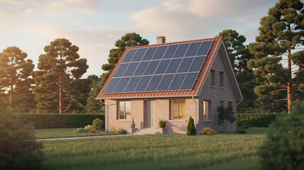 A small house with solar panels on the roof, nestled in a wooded area.
