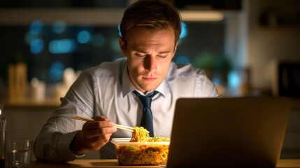 Late Night Meal and Work Focus of Man with Laptop in Home Office