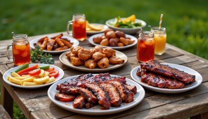 wooden picnic table filled with summer bbq fare including ribs wings grilled vegetables and cold drinks in glass jars