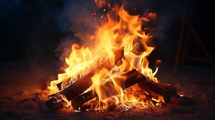 Glowing bonfire in darkness, with radiant spark particles swirling into the smoky black night