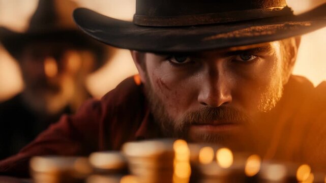 A high-stakes Wild West standoff. Rugged outlaw with an intense gaze stares over gold coins. A dangerous game of greed and risk. For western movies, game promos, historical dramas.