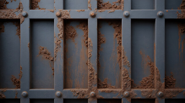 Rusty metal gate, covered in reddish-brown dust.
