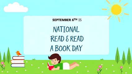 Celebrate National Read A Book Day on September 6th with kids reading outdoors under the sun in a cheerful cartoon scene.