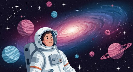 Astronaut in Space Gazing at Galaxy and Colorful Planets Illustration