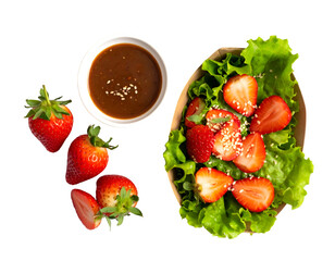 Fresh Strawberry Salad with Sesame Dressing in a Take-away Container, Top View isolated on white background 