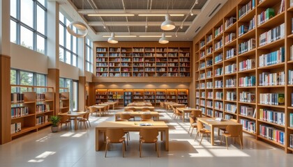 modern school library with tall shelves filled with books reading tables and cozy seating areas under warm lighting ideal for education marketing