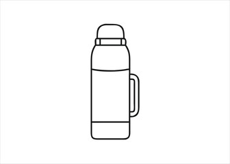 Minimalist outline icons representing outdoor adventure gear including a thermos bottle and related equipment for travel and camping activities isolated on white background