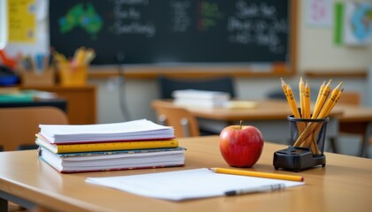 classroom desk with stack of exercise books ruler pencil sharpener and apple ready for teacher or student usage