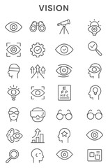 Line art vision icons representing sight, perception, and clarity on a clean white backdrop, conveying a sense of modern simplicity and focus.