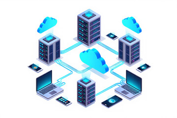 Modern cloud computing network with servers and devices