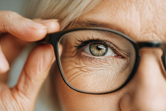 Elegant elderly woman inspecting her glasses for clarity with a focused gaze in a stylish, minimalistic setting - Powered by Adobe