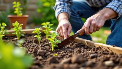 man using hand trowel to plant young vegetable seedlings into backyard raised bed soil emphasizing self sufficient home farming lifestyle