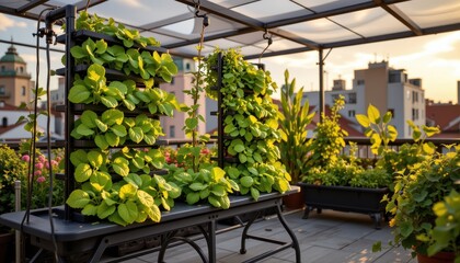 rooftop hydroponic setup with vertical grow towers filled with lettuce spinach and herbs under warm natural lighting perfect for eco friendly agriculture campaigns