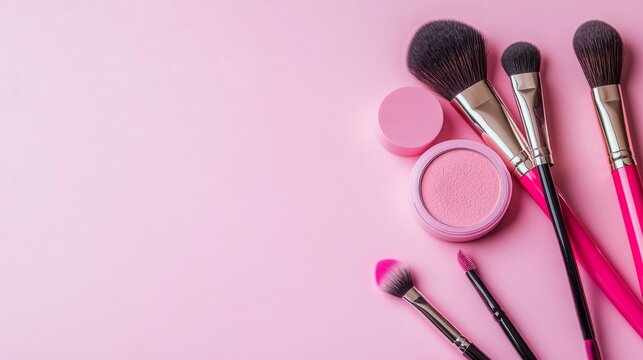 Flat lay of cute pink makeup beauty products including brushes, compact powder, and lipstick on pastel pink background with copy space, ideal for feminine skincare, cosmetic branding, and beauty blog 