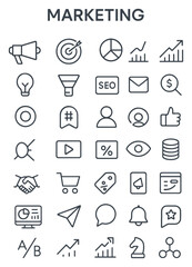 Fototapeta premium A grid of minimalist line icons illustrating various concepts in digital and traditional marketing, business, and analytics.